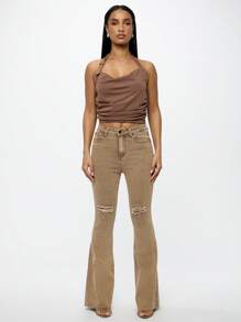 SUMWON WOMEN High Waist Bootcut Flare Jeans With Distressed Knee Details, Stretch Comfort Denim, Perfect For Fall Winter Fashion, Casual To Semi-Formal Wear - Khaki - View 3