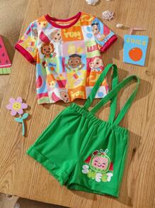 CoComelon X SHEIN 2 件装男婴卡通水果图案针织圆领 T 恤和可调节肩带短裤套装 - 彩色 - 查看 3