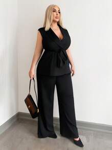SHEIN SXY Plus Size Women's Black Padded Shoulder Tie-Waist Slim Fit Sleeveless Blazer Vest And Black Straight Leg Pants Suit Set, Suitable For Fall & Winter, White Christmas Eve Costume Party, Date Night, Birthday, Bachelorette Party Outfit, Cute, Casual, Shopping, Streetwear, Going Out, Easy To Match & Looks Slim, Accent Your Body, Flatter The Figure - Black - View 6
