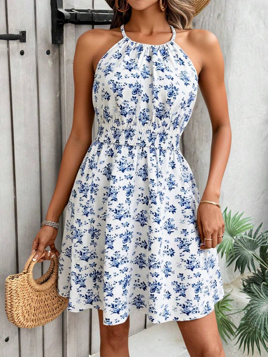 Breezaya Women's Elegant Floral Blue & White Print Sleeveless Round Neck Dress - Blue and White - View 1