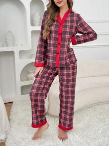 Conjunto de pijama de mujer con cuello en V, diseño a cuadros y contraste de colores