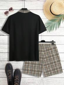 Manfinity Dauomo Men's Plaid Polo Shirt And Drawstring Waist Shorts Casual 2 Pieces Set