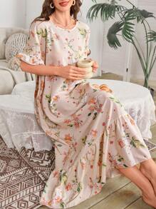 SHEIN Camisón largo con estampado floral, volantes en el bajo y babydoll, lujoso atuendo de estar en casa (Moo Moo)
