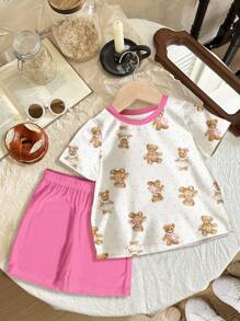 SHEIN 可爱熊印花 2 件套年轻女孩休闲简约短袖上衣和短裤夏季服装