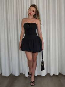 Glamine Abito mini con scollo a canottiera, fiocco, arricciatura a volant e orlo, adatto per la scuola, vestito casual elegante lunghezza ginocchio per donna, primavera/estate - nero - Visualizzare 4