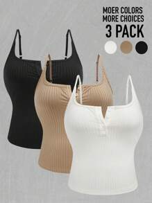 Calvaya Plus Size Women Solid Color Button Half-Placket Casual Camisole
