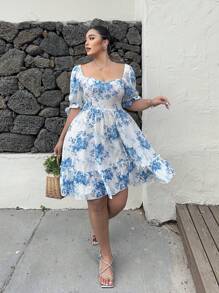 Sunnyshic Plus Size Keyhole Neck Floral Cinched Waist A-Line Dress, Vacation, Sun Dress