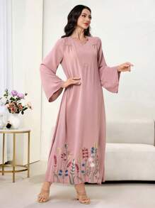 Al Najma Floral Print V-Neck Long Sleeve Ruffle Hem Arabian Dress,Modest - Pink - View 5
