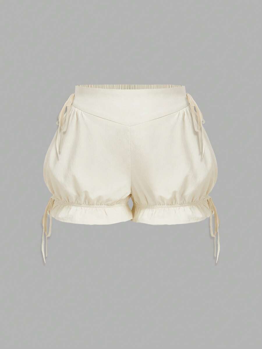 SHEIN MOD 大码杏色可爱休闲度假袖口系带灯笼短裤