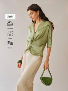 Uhlyne Fashionable Woven Twill Lapel Twist Detail Elegant Ladies Blouse - Mint Green - View 9