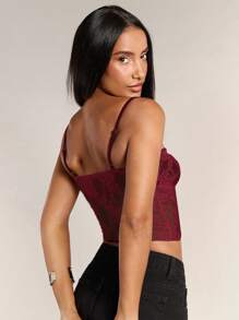 SHEIN BAE 白色和黑色对比色荷叶边短款细肩带上衣，百搭风格，适合日常穿着 - 酒紅色 - 查看 2