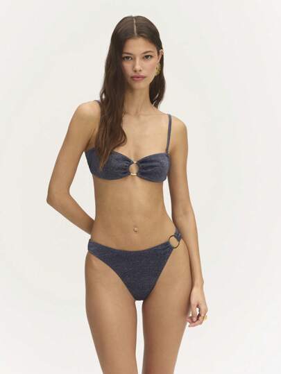 Nöista Women Summer Bikini Beach Glitter Vacation. Top Strapless Bandeau Tie-Up Metal Decor, Brief Metal Decor