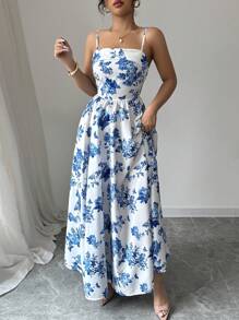 SHEIN Raffinéa Spring/Summer Sleeveless Butterfly Printed Dress, Suitable For Outdoor Activities, Parties, Graduations, Dances And Festivals - Blue and White - View 6