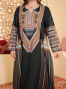 Al Najma 女士休闲大码阿拉伯定位印花长袖圆领连衣裙