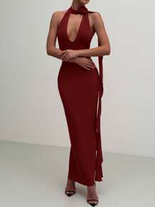 Aloruh 女式深 V 领紧身红色长裙，带 3D 花卉装饰，适合派对、圣诞节、情人节 - 酒紅色 - 查看 4