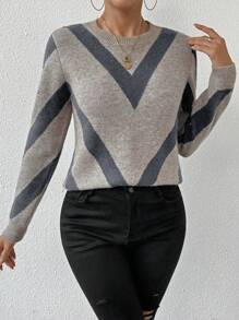SHEIN LUNE Fall/Winter 2024 New Arrivals Rhombic Striped Pullover Sweater Knit Pullover - Multicolor - View 5
