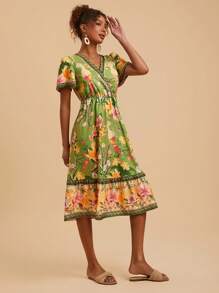 Travachic Váy dài vừa phải, tay ngắn, cổ chữ V, họa tiết hoa, thường ngày, trang phục mùa hè cho phụ nữ, mùa hè, trang phục nghỉ mát cho phụ nữ, váy mùa hè cho phụ nữ - màu xanh lá - Xem 3