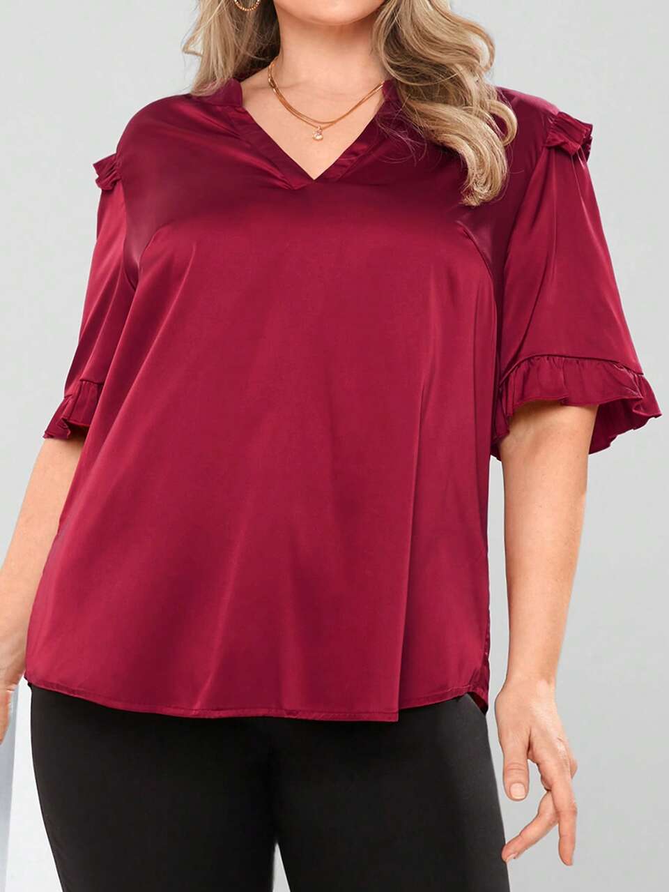 Plus Size Simple Angora Red Notched Neck With Ruffle Sleeves Elegant Blouse Summer Spring For Women Wedding Guest Women Mature Elegant Woman