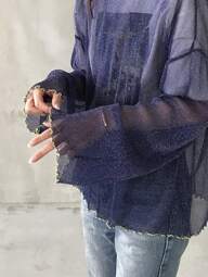 FRIFUL Kadınlar İçin Bol Kesim Mavi Yuvarlak Yaka Şeffaf File Üst, İlkbahar/Yaz Uzun Kollu Kadın Üstleri