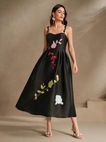 Anewsta 亮片花朵装饰无袖连衣裙，优雅新都市风格太阳裙，女士春夏装