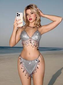 Sweetina Women's Adjustable Sparkly Diamond Casual Top & Mini Skirt Cover Up Set, Minimalist & Fashionable For Everyday, For Summer Beach Vacation - Silver - View 7