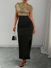 Rafferiza 女士优雅撞色无袖领口亮片连衣裙，适合派对、约会、聚会、宴会 - 黑色和金色 - 查看 3