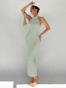 Aloruh Simple Fashionable Backless Summer Dress - Green - View 3
