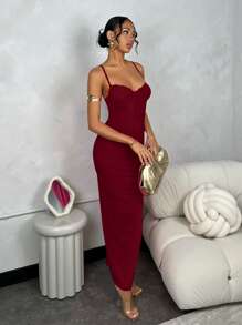 SHEIN BAE 春夏纯色加长杯撞色紧身网眼女式毕业礼服 - 酒紅色 - 查看 3