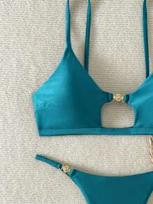 Swim SXY Bộ bikini gợi cảm đi biển mùa hè cho nữ, phụ kiện kim loại, dây mảnh - màu xanh lá - Xem 6