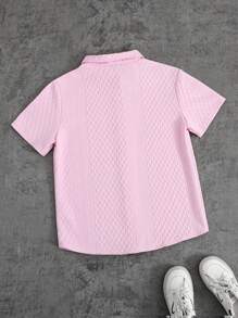 SHEIN Explorewe Textured Short Sleeve Shirt For Teenagers, Casual Stand Collar Slim Fit Korean Style Top. This Shirt Is Suitable For Teenagers To Wear In Various Occasions, Whether For Casual Daily Wear, School Activities, Gathering With Friends, Or Family Outings. - Brown - View 2