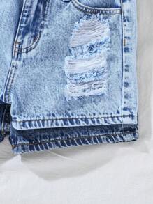SHEIN Tween Girls Spring Summer Break 2 Pieces Ripped Light/Solid Washed Casual Baggy Denim Jeans Shorts,Girls Summer Beach Boho Vacation Concert Rave Festival Outfits - Medium Wash - View 3