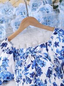 Sparklyn Tween Girls Floral Print Bowknot Short Sleeve Dress - Blue - View 5