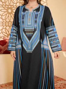 Al Najma 女士印花圆领长袖休闲连衣裙，加大码，阿拉伯风格 - 彩色 - 查看 4