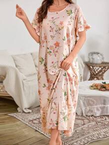 SHEIN Camisón largo con estampado floral, volantes en el bajo y babydoll, lujoso atuendo de estar en casa (Moo Moo)