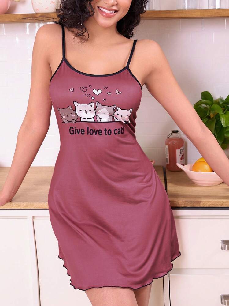 Snug Zone 女士可爱猫咪印花吊带睡衣 - 彩色 - 查看 6