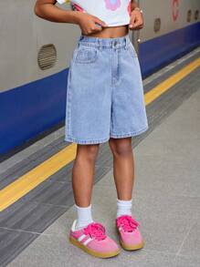 SHEIN Tween Girls Summer Boho Casual Laight Washed Loose Baggy Casual Denim Jeans Long Shorts With Bow Decoration,Girls Summer Beach Concert Rave Outfits