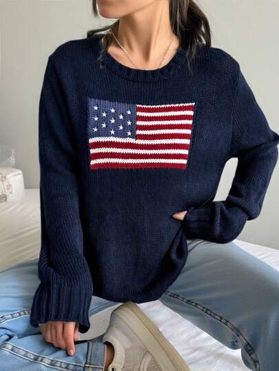 SHEIN Oversized Crew Neck Casual Flag Pattern Long Sleeve Pullover Sweater In Blue, Red, White, Suitable For New Year's Eve, Thermal, Fashion Street, Fashion Net, Casual Sports, English Graphic/Teen Girl Clothing/Casual Versatile/Loose Fit/Back To School/Sports/College/Retro