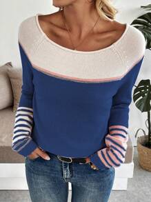 SHEIN LUNE 博主风格拼色宽松超大圆领套头毛衣，欧美风针织套头衫秋冬 - 彩色 - 查看 5