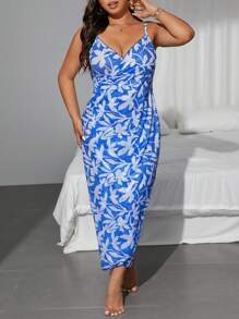 Swim Lushoire Plus Size Women Elegant Floral Pattern Adjustable Strap Cover Up Cover Up, Suitable For Beach Resort For Summer Beach Vacation - Blue - View 3