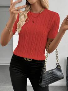 EMERY ROSE Blogger Style Twist Rope Decor Round Neck Knitted Top, Fashionable & Versatile, Autumn/Winter - Red - View 5