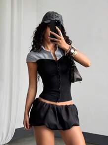 StreetHx 女士休闲条纹撞色腰短袖衬衫，适合春秋季节 - 黑與白 - 查看 4