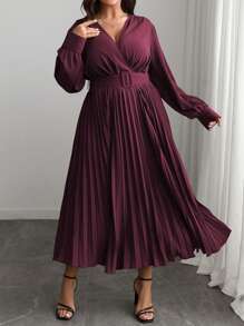 Elenzga Plus Size Women's V-Neck Solid Color A-Line Long Sleeve Dress, Elegant Office & Casual, With Waist Belt, Suitable For Spring, Autumn & Winter, For Christmas Maxi Women Outfit Fall Cloth For Women - Red Violet - View 5