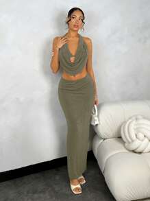 SHEIN BAE Women's Deep Draped Neck Backless Camisole + Tight Low Waist Mini Skirt - Army Green - View 1