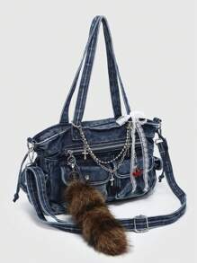 ROMWE Kawaii Bolso de mano de gran capacidad con múltiples bolsillos, en estilo retro desgastado con efecto ombré, decorado con cruz y corazón, y lazo