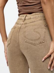 SUMWON WOMEN High Waist Bootcut Flare Jeans With Distressed Knee Details, Stretch Comfort Denim, Perfect For Fall Winter Fashion, Casual To Semi-Formal Wear - Khaki - View 7