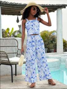 2 pezzi Completo per Ragazza Giovane: Top corto smanicato con stampa a foglia d'acero + Pantaloni a gamba larga in vita elastica con stampa a foglia d'acero, adatto per vacanze al mare (venduti separatamente in 3 set come coordinati famiglia Mamma e Figlia)
