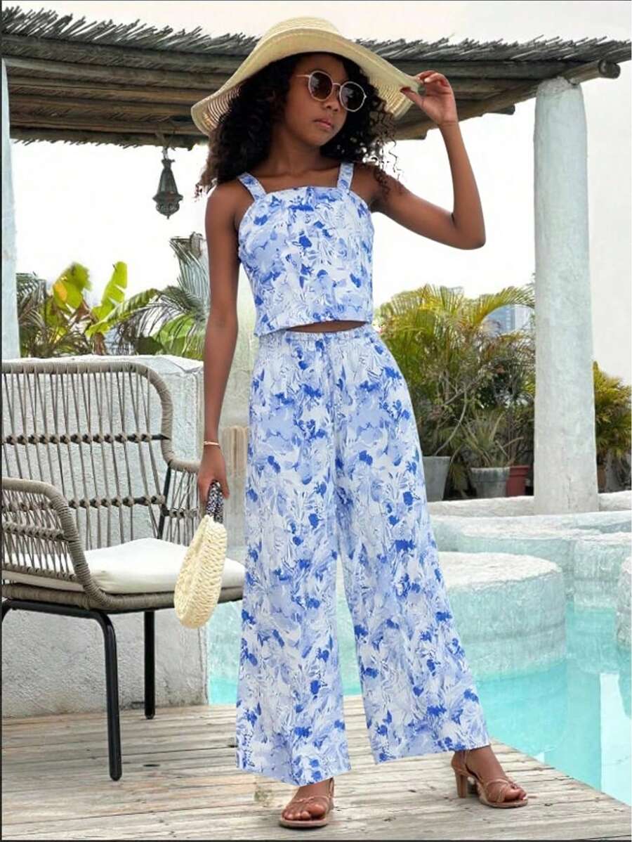 2 pezzi Completo per Ragazza Giovane: Top corto smanicato con stampa a foglia d'acero + Pantaloni a gamba larga in vita elastica con stampa a foglia d'acero, adatto per vacanze al mare (venduti separatamente in 3 set come coordinati famiglia Mamma e Figlia)