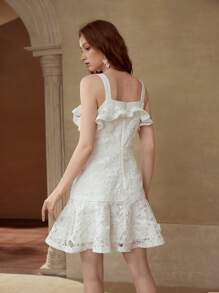 PREMIUM RUFFLE CONTRAST LACE DRESS - White - View 5