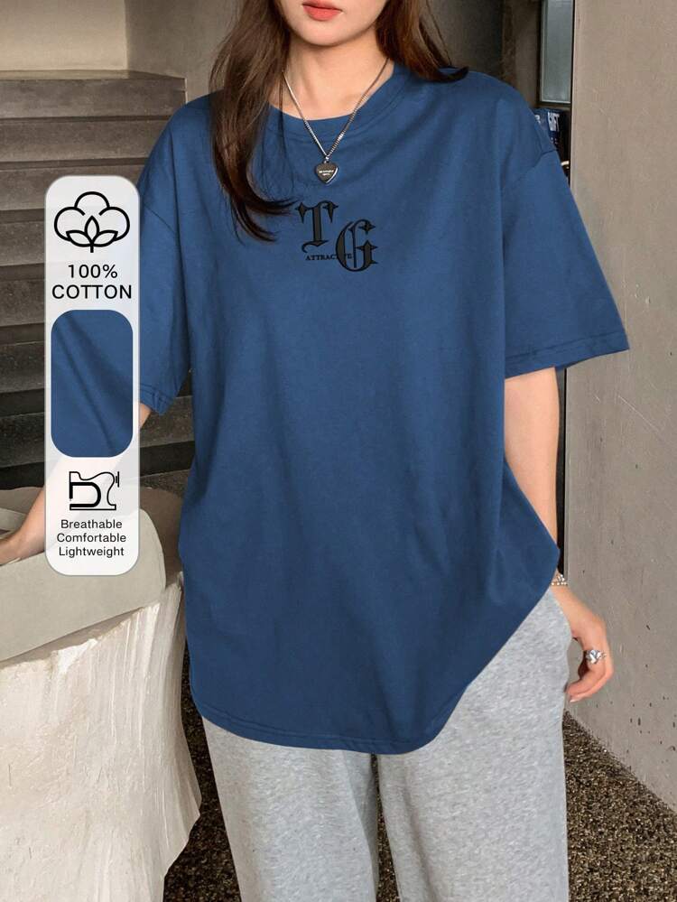 Summer Short Sleeve Oversized T-Shirt With Letter Print Preppy Tops