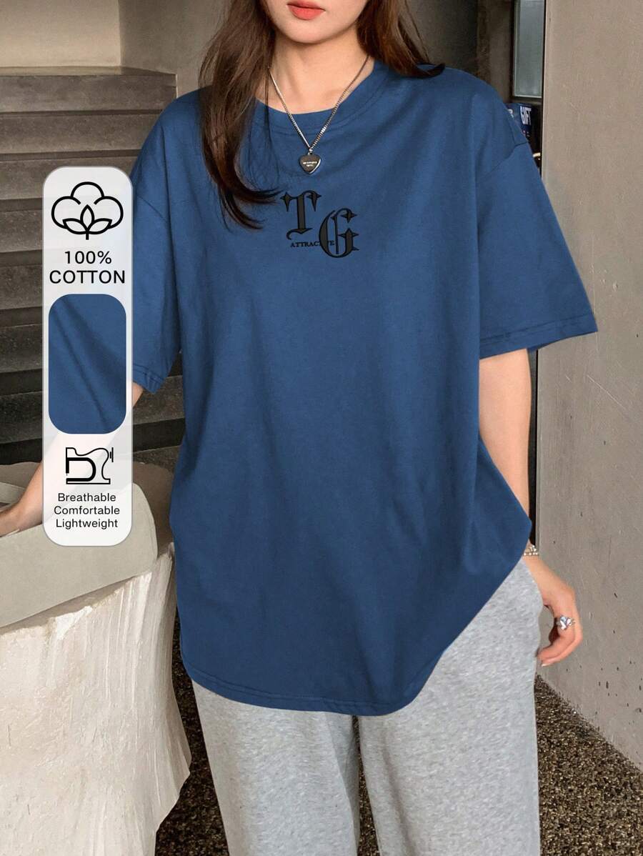 DAZY 夏季短袖超大T恤，带字母印花，学院风上衣